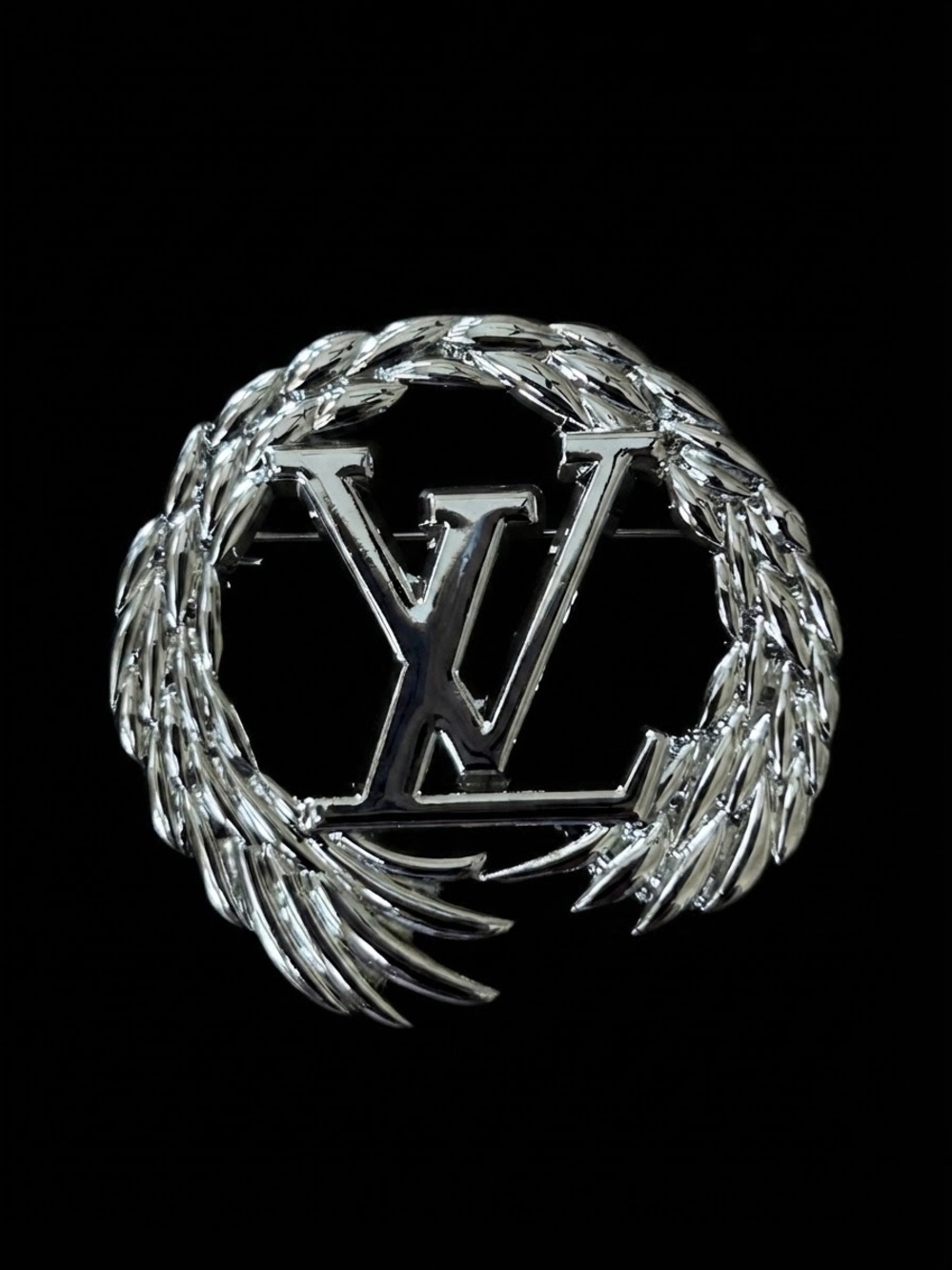 Silver Tone Lettered Wreath Brooch